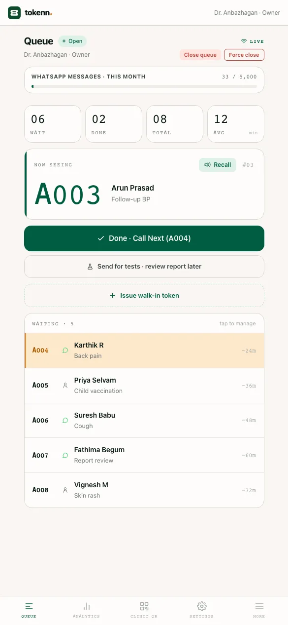 The TOKENN dashboard on a phone showing a live queue with a wait estimate against each patient.