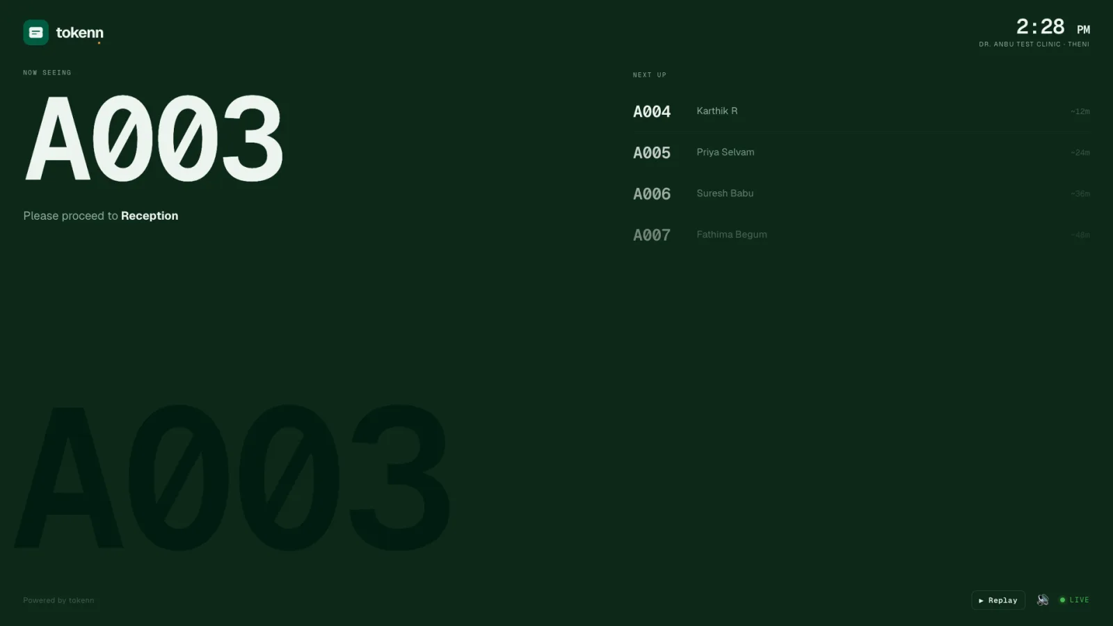 A waiting-room television showing the now-serving token A003 in large type, with the next four tokens and their wait estimates listed beside it.