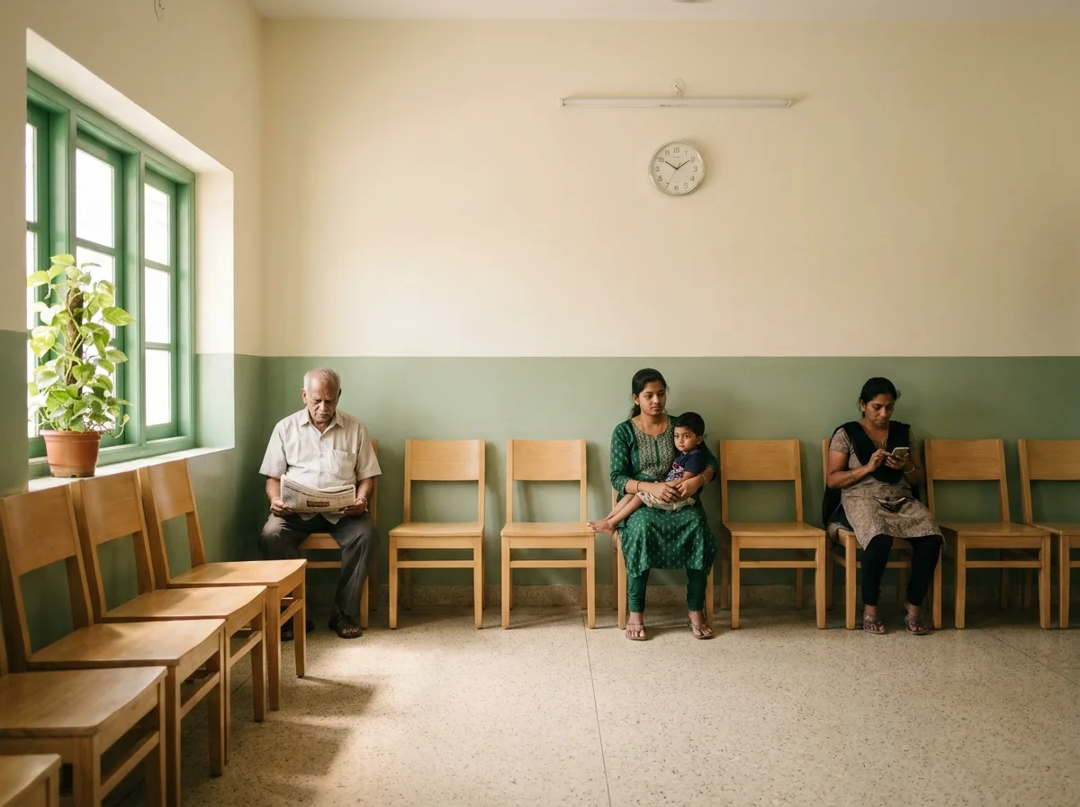 A quiet clinic waiting room under a wall clock: an older man reading a newspaper, a mother holding her son, a woman on her phone, most chairs empty.