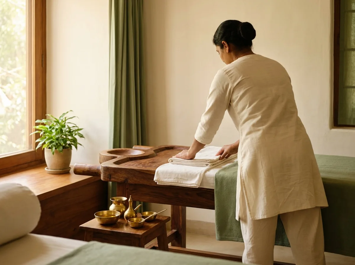 A wooden droni treatment table with folded cloths and brass oil vessels, a therapist preparing the room.