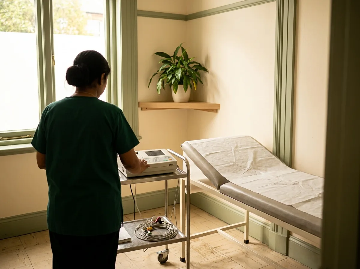 An ECG trolley and an examination couch in a cardiology room, a technician checking the equipment.