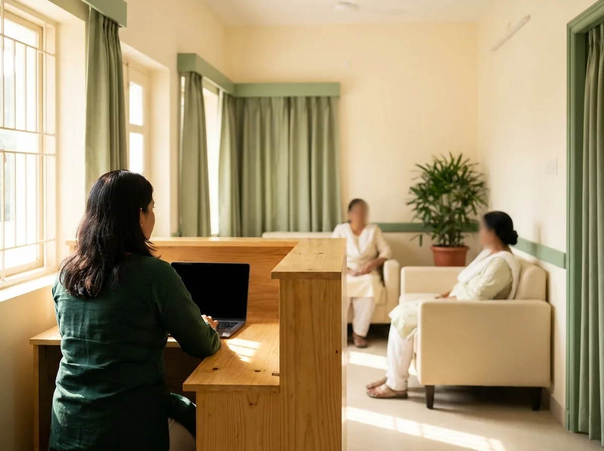 A receptionist working at the front desk of a small clinic while two patients wait in the background.