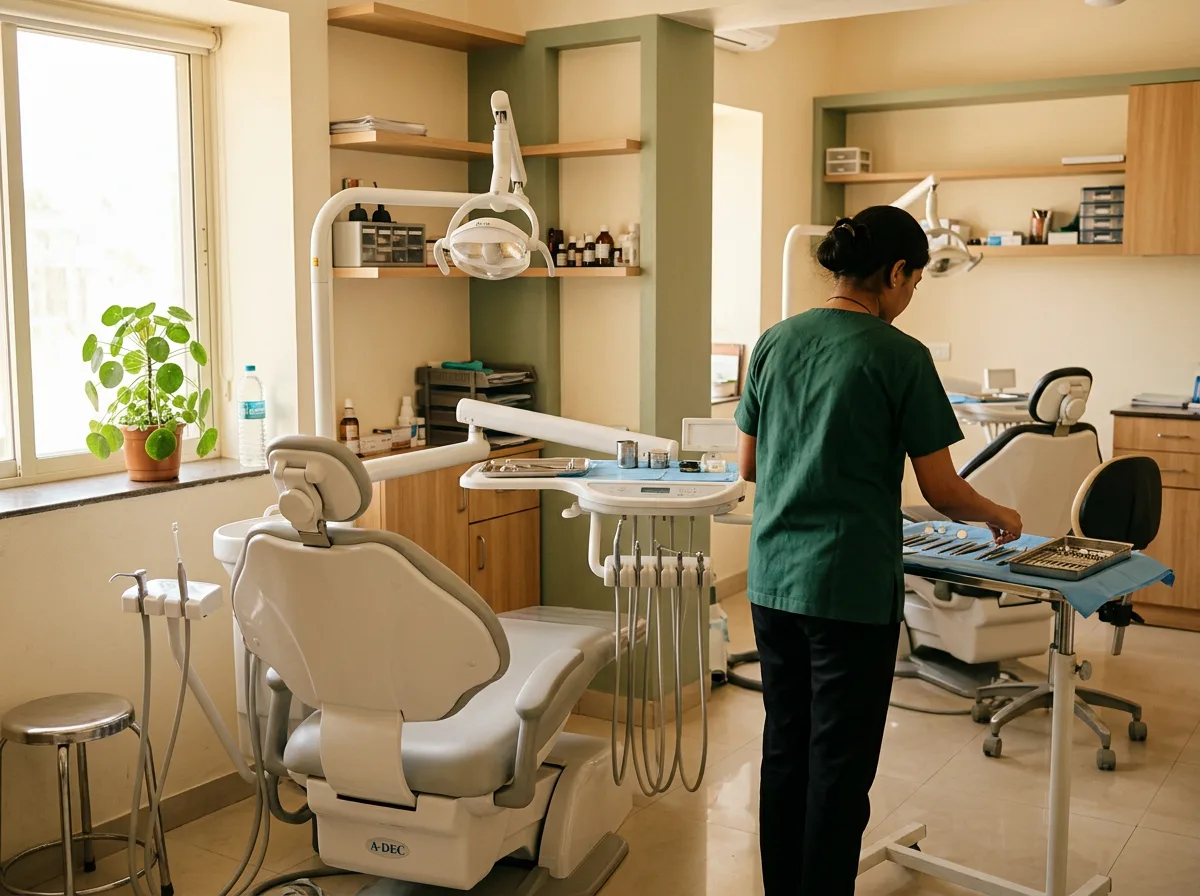 A dental treatment room with two chairs, an assistant setting out instruments at the second one.