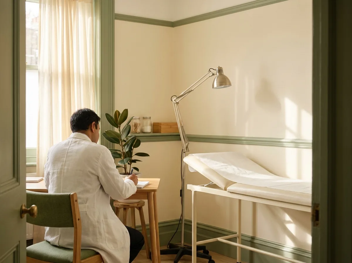 A dermatologist writing at a desk beside an examination couch and an adjustable lamp.