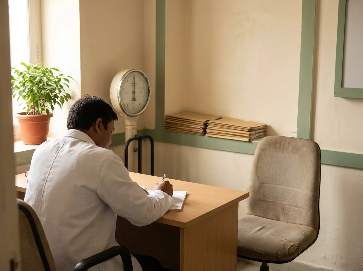 A doctor writing at a desk in a diabetes consulting room, an empty patient chair opposite and a weighing scale against the wall.