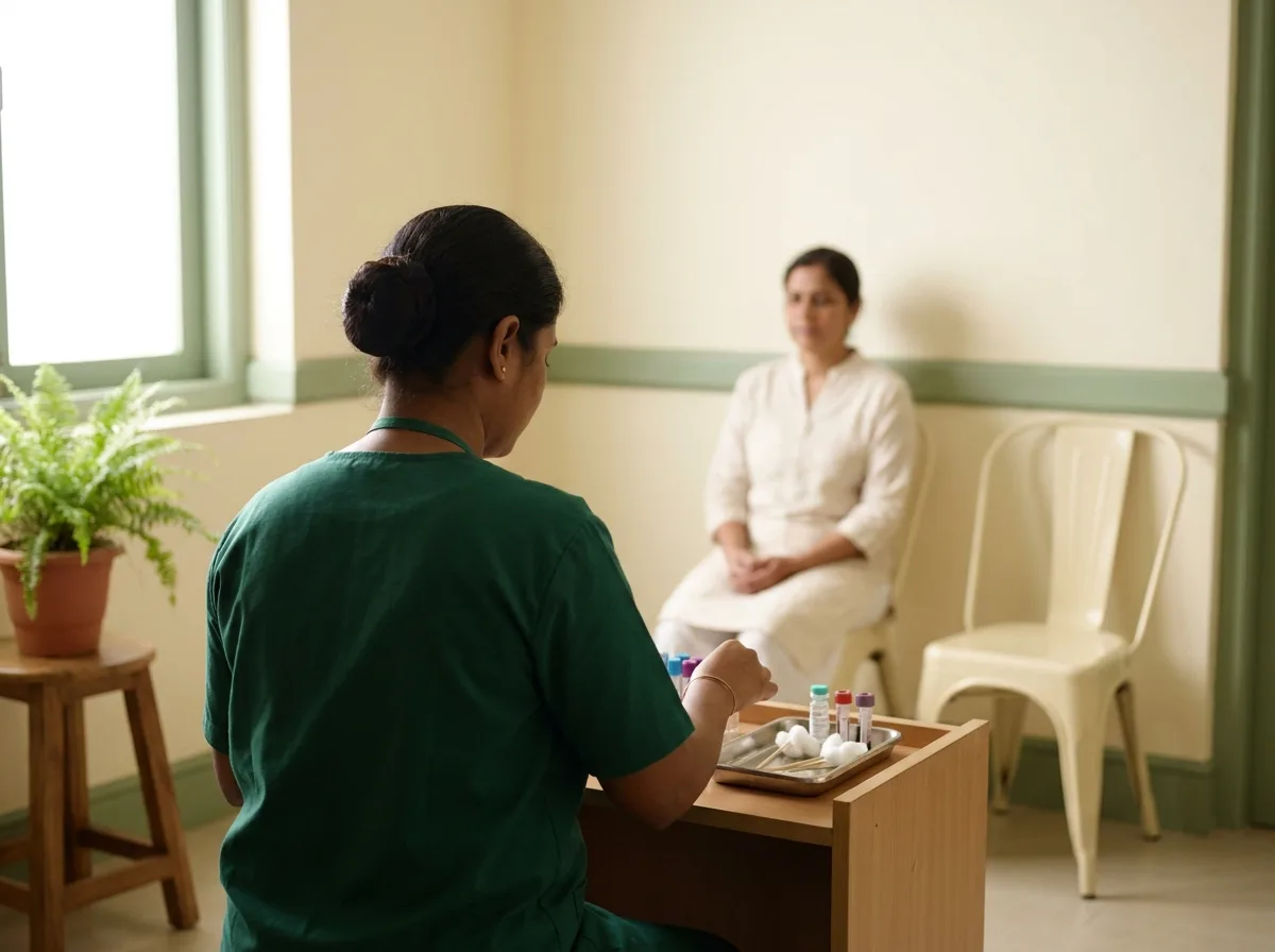 A phlebotomist preparing a collection tray in a lab sample-collection room, one patient waiting behind.