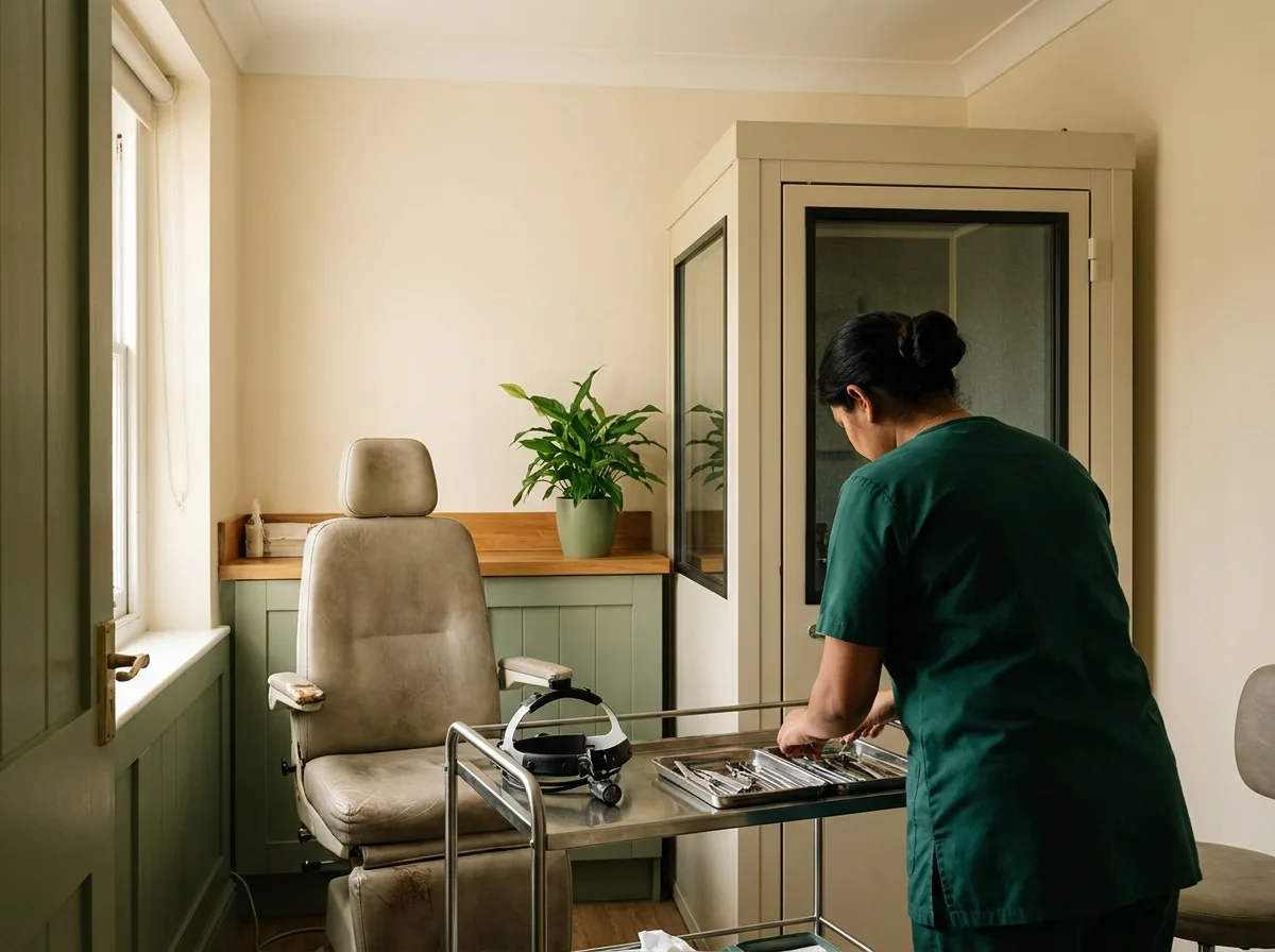 An ENT examination chair and instrument trolley, with a soundproofed audiology booth behind.
