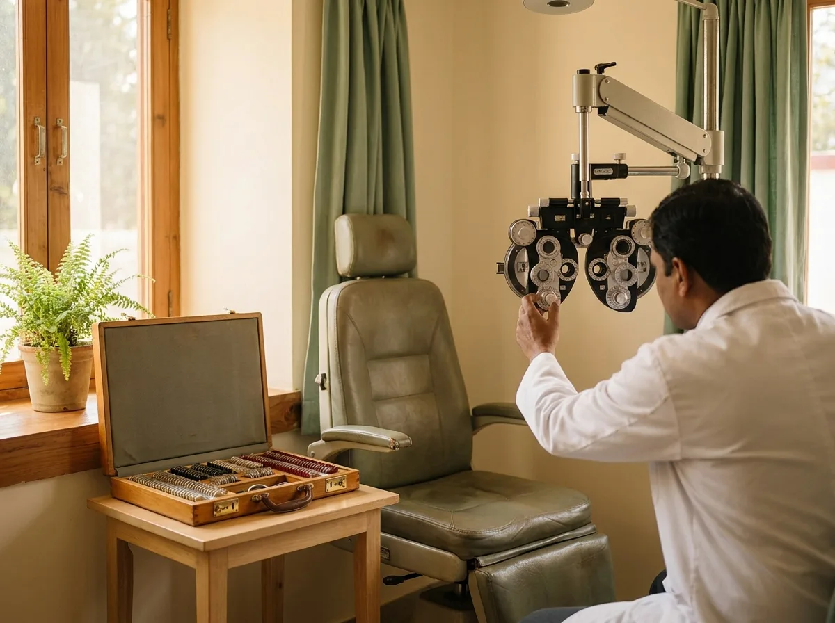 An optometrist adjusting a phoropter beside an examination chair, an open trial-lens case on the table.