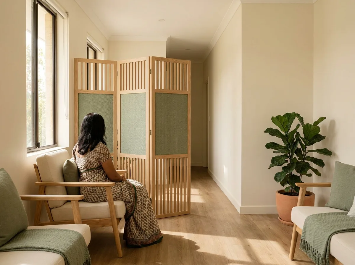 A woman waiting alone in a quiet women's clinic, a wooden privacy screen between the seating and the corridor.