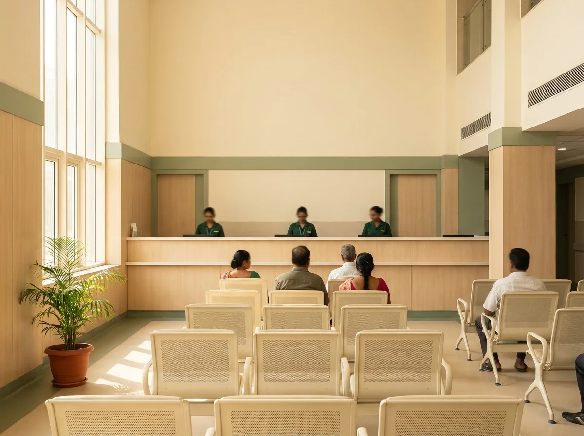 The outpatient hall of a mid-sized hospital: rows of waiting chairs partly occupied and a long registration counter along the far wall.