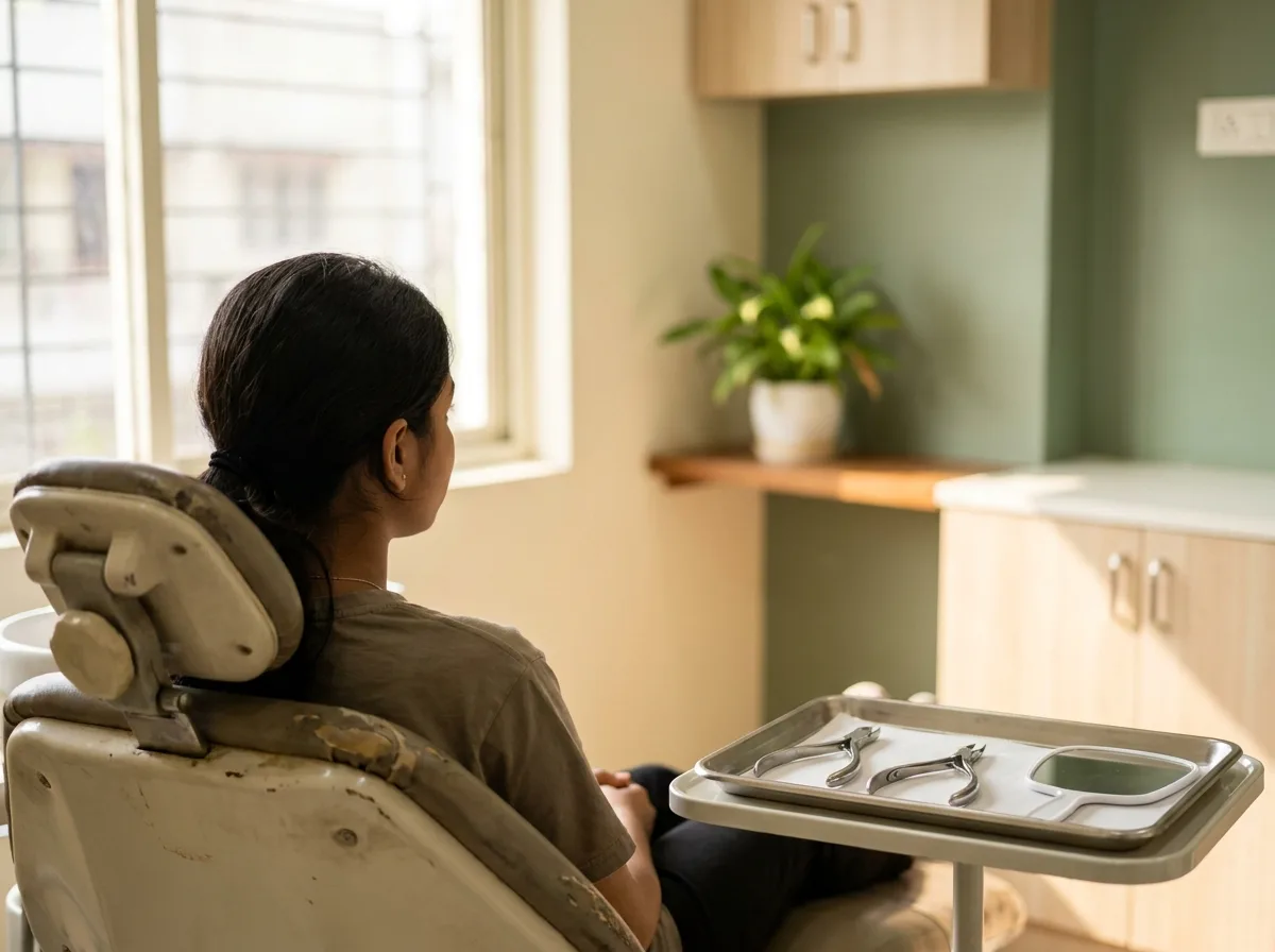 A patient waiting in an orthodontic chair beside a tray of adjustment instruments.