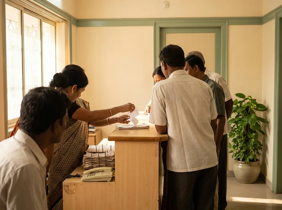Patients crowded at a clinic reception counter while the receptionist tears a numbered paper slip from a pad, a landline telephone beside her.
