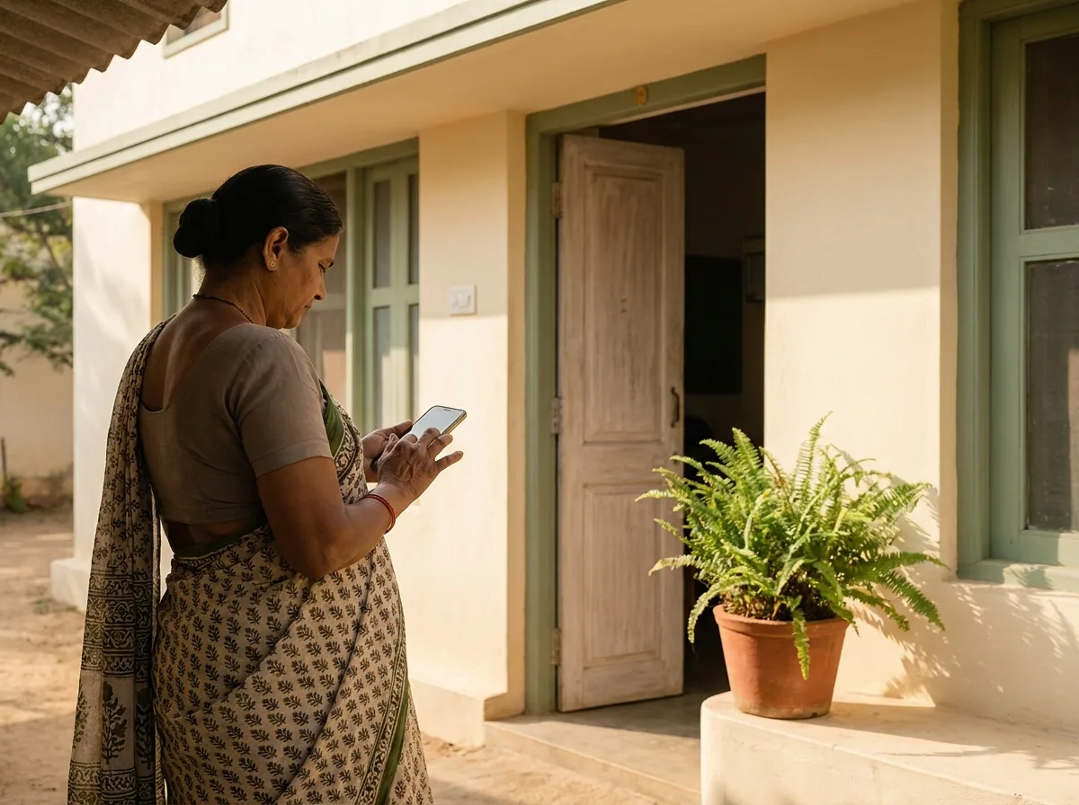 A woman standing in the shade outside a clinic doorway, typing a message on her phone with both thumbs.