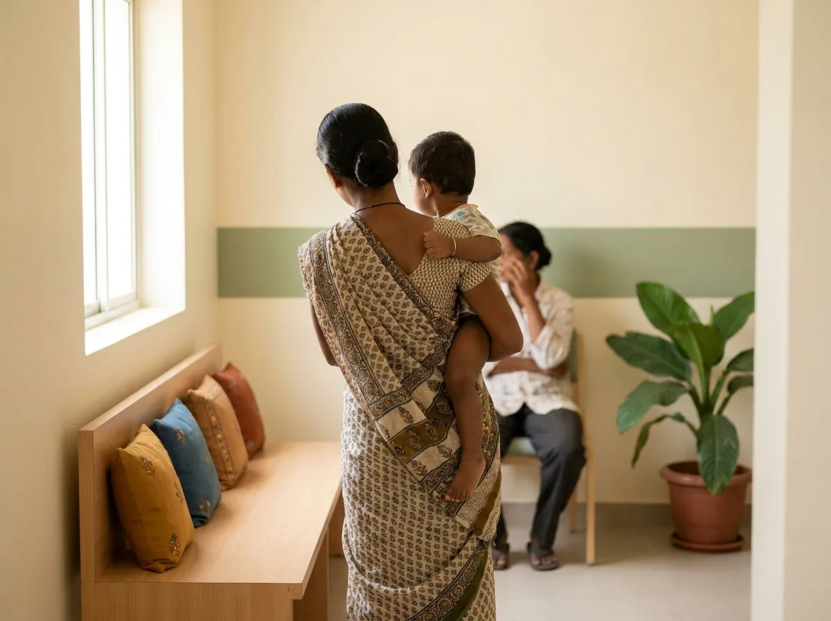 A parent holding a toddler in a pediatric clinic waiting area with low benches and cushions.