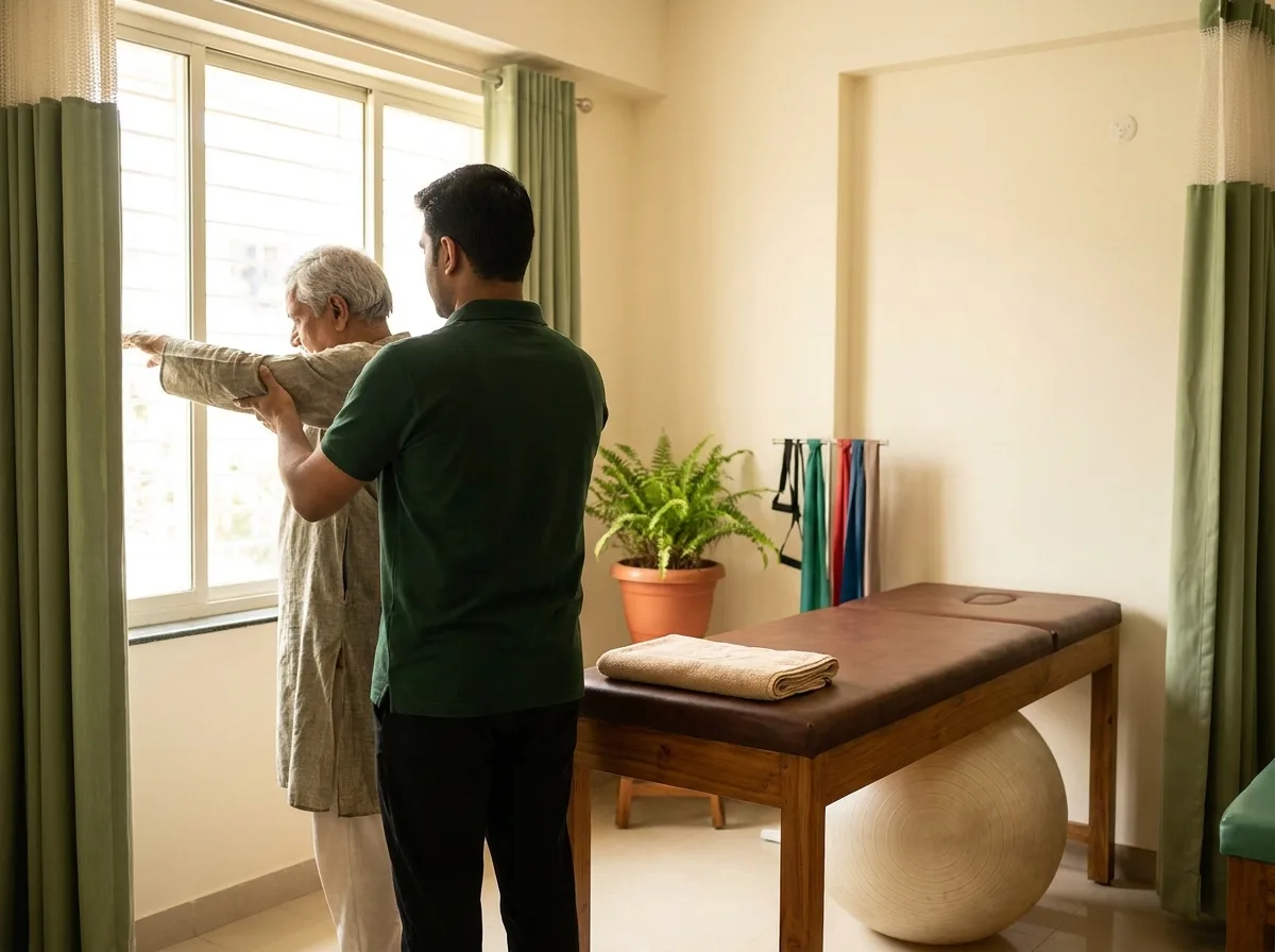 A physiotherapist guiding an older patient through a standing stretch beside a treatment table.