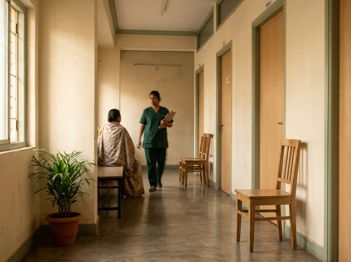 A polyclinic corridor with three consulting-room doors, a waiting chair beside each, and a nurse walking down it.