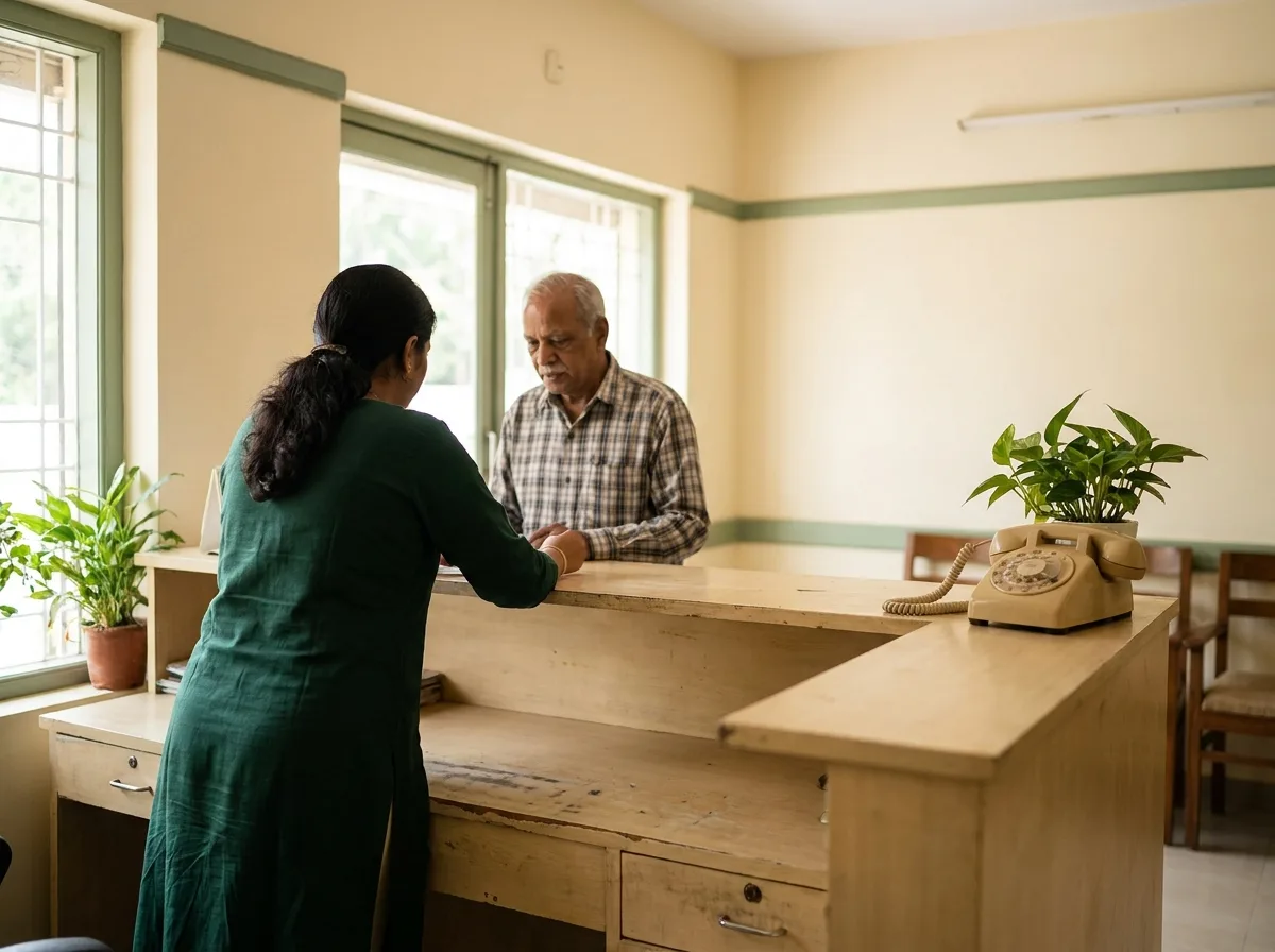 A receptionist at a clinic front desk talking with one elderly patient, an old landline telephone sitting untouched at the end of the counter.