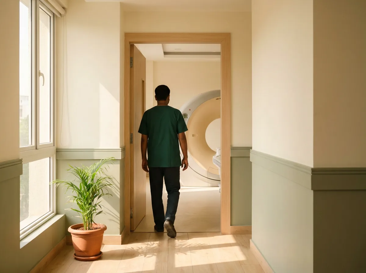 A radiographer walking towards a scanning room, the ring of a CT gantry visible through the doorway.