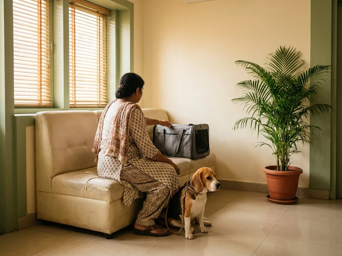 An owner sitting with a pet carrier beside her and a beagle at her feet in a veterinary waiting room.