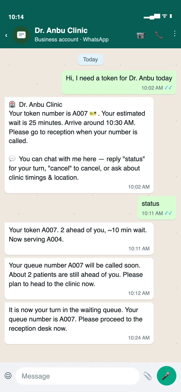 A WhatsApp thread with a clinic: the patient asks for a token and receives A007 with a 25-minute wait, then a two-ahead reminder.